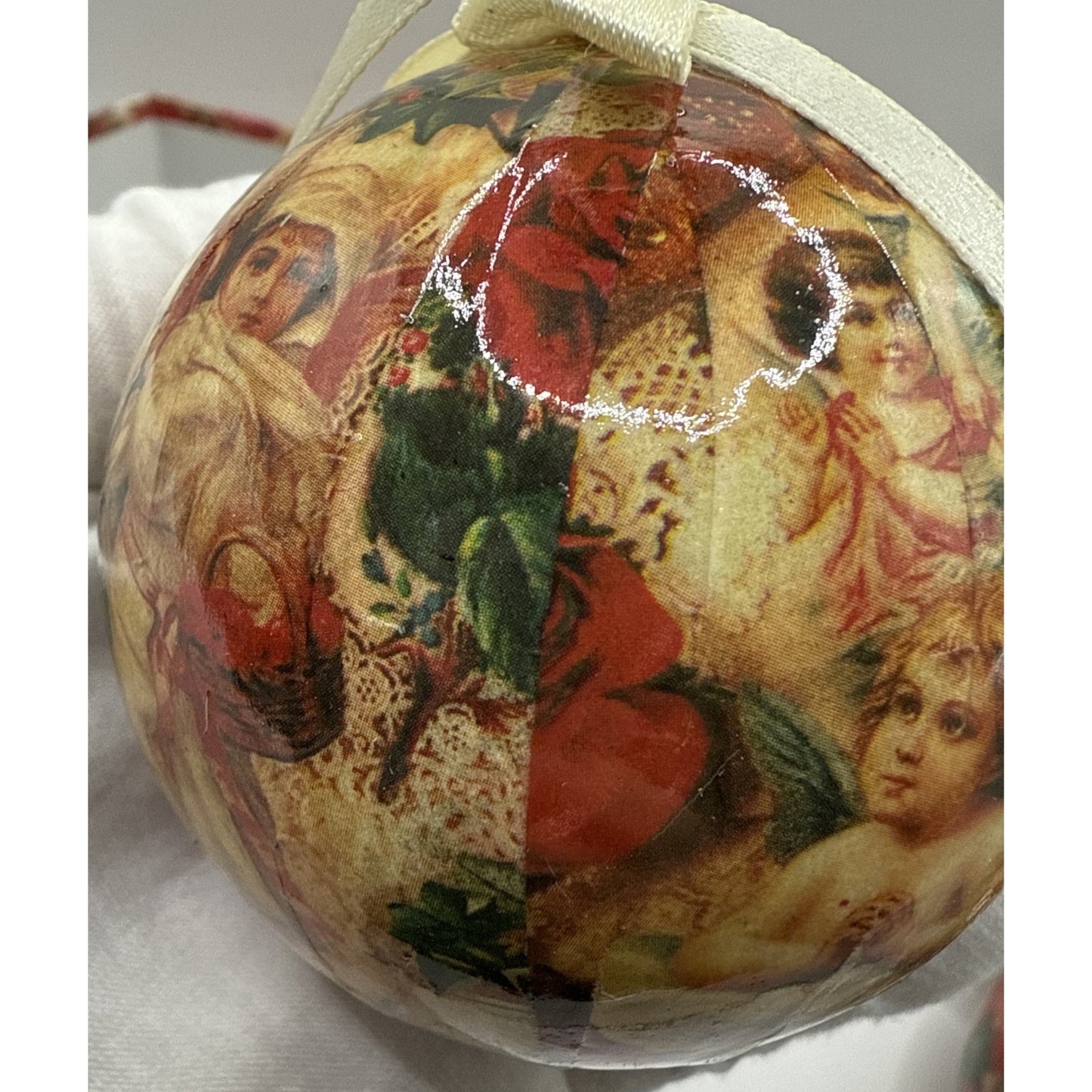 Vintage Set of 6 Christmas Decoupage Paper Mache Victorian Ornaments Box Ribbon