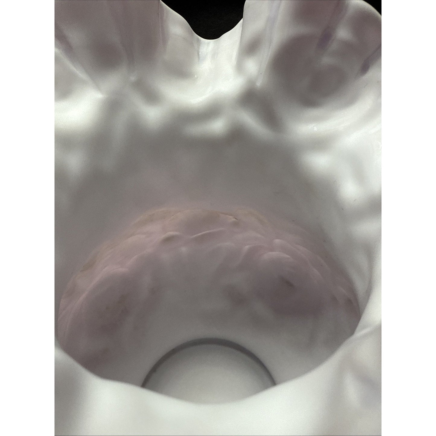 Vintage Fenton LG Wright Embossed Puffy Rose Pink Overlay White Satin Vase As-Is