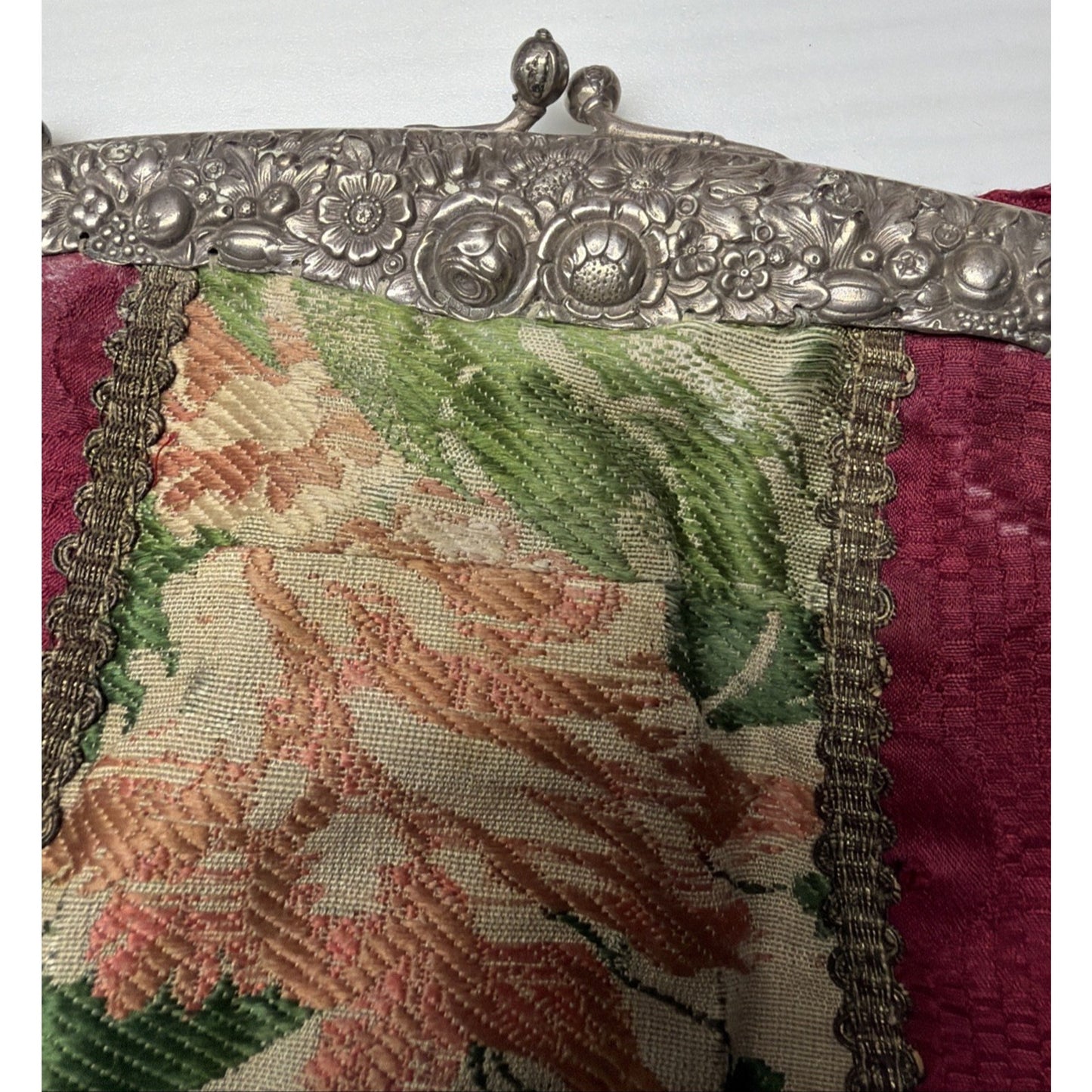 Antique Repousse Metal Frame Tapestry Needlepoint Evening Bag Silk Lined As Is