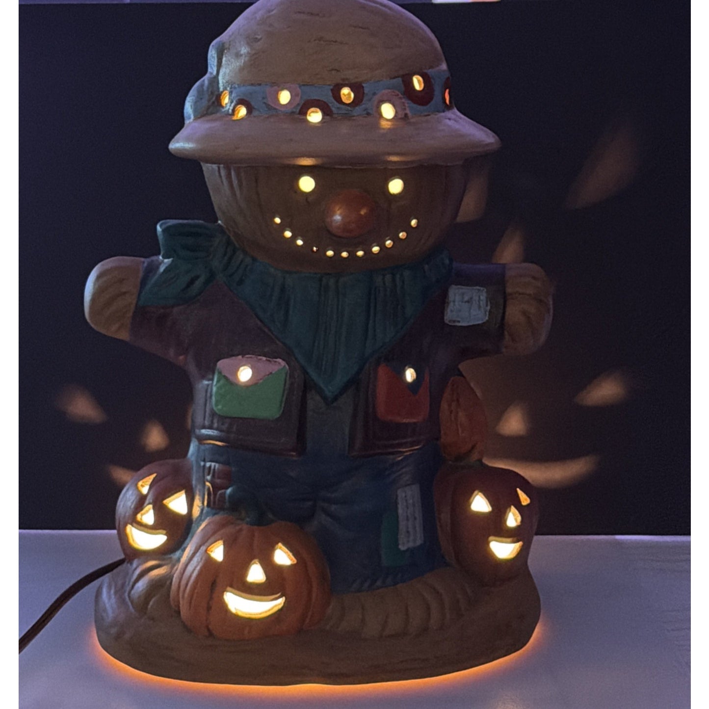 Vintage Ceramic Scarecrow Lamp Hand Painted Pumpkin Jack O Lantern Reflection