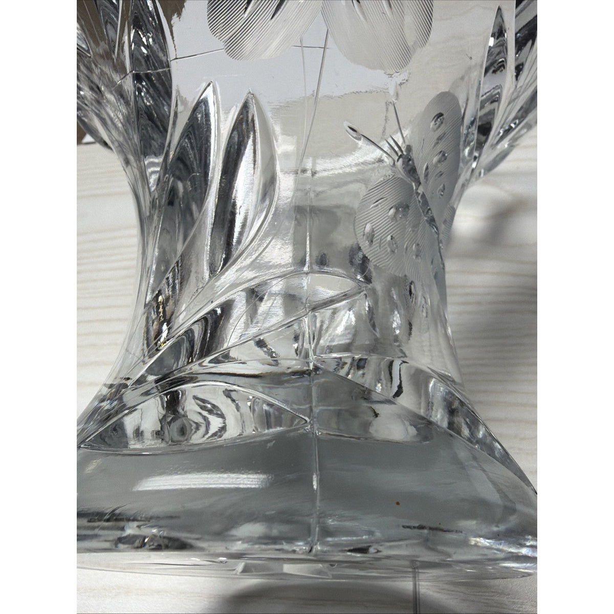 ABP Pairpoint Glass Cut Crystal Murillo Butterfly Daisy Vase Corset Trumpet Flar