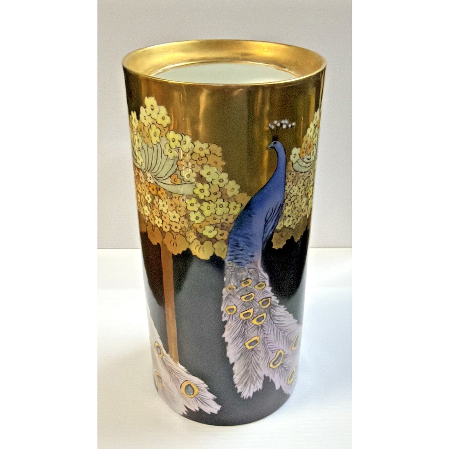 Antique Rosenthal Selb Bavaria Hand Painted Peacock Vase Black Gold As Is