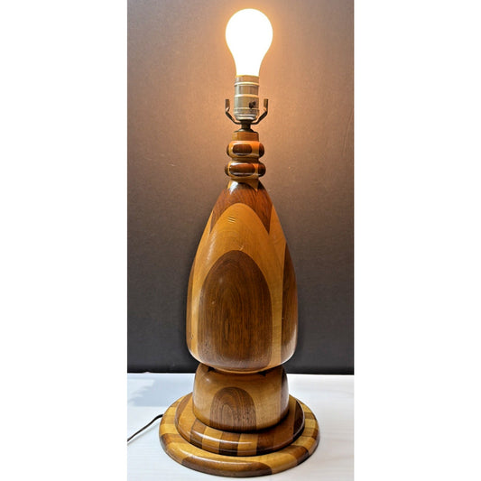 MCM Large Inlaid Wood Hand Turned Table Lamp Marquetry Parquetry No Shade