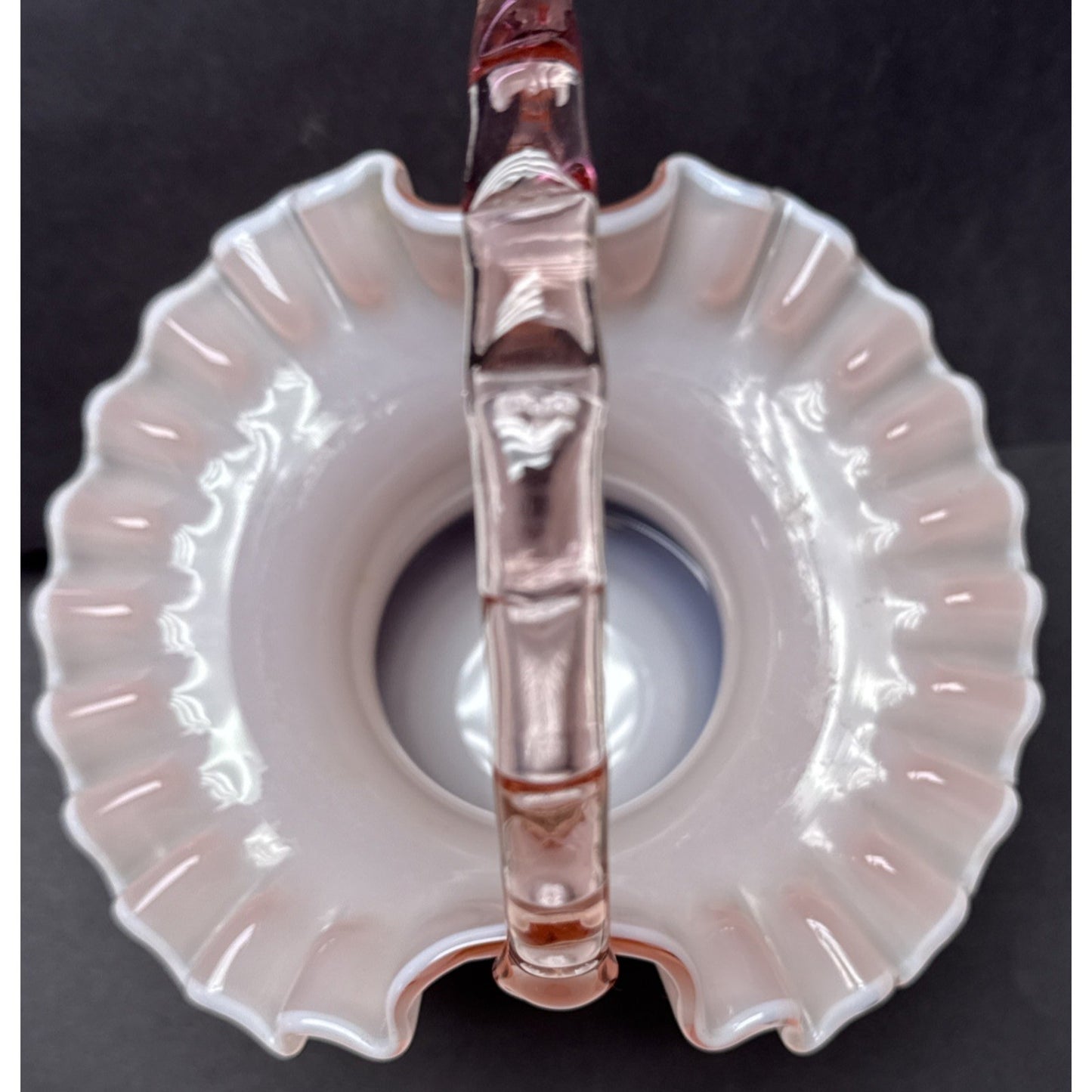 Vtg Fenton Glass Pink Overlay Basket Crimped Bamboo Handle Ruffle Edge As-Is