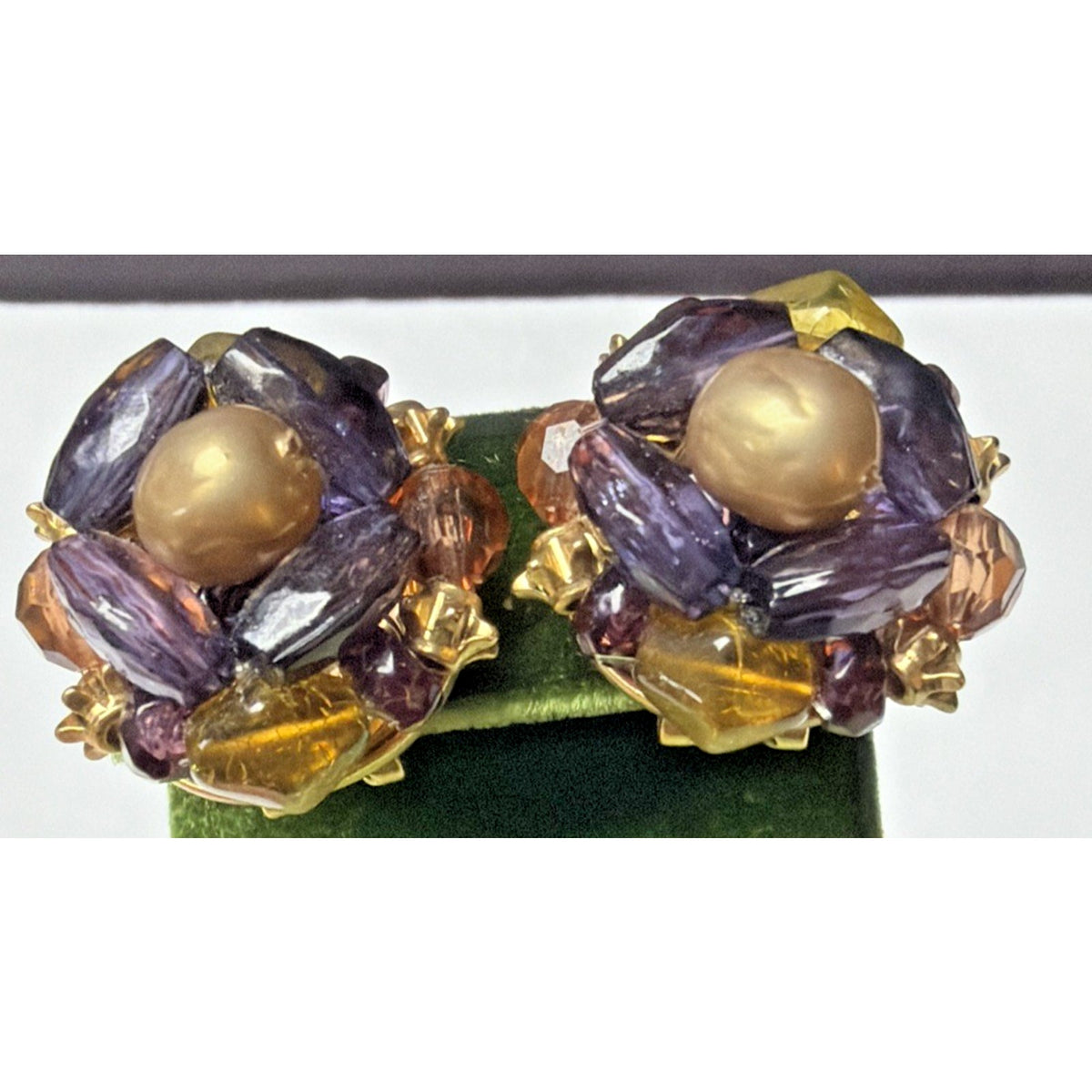 Vtg LC Liz Claiborne Omega Clip On Earrings Faux Pearl Multi Beaded Purple Gold