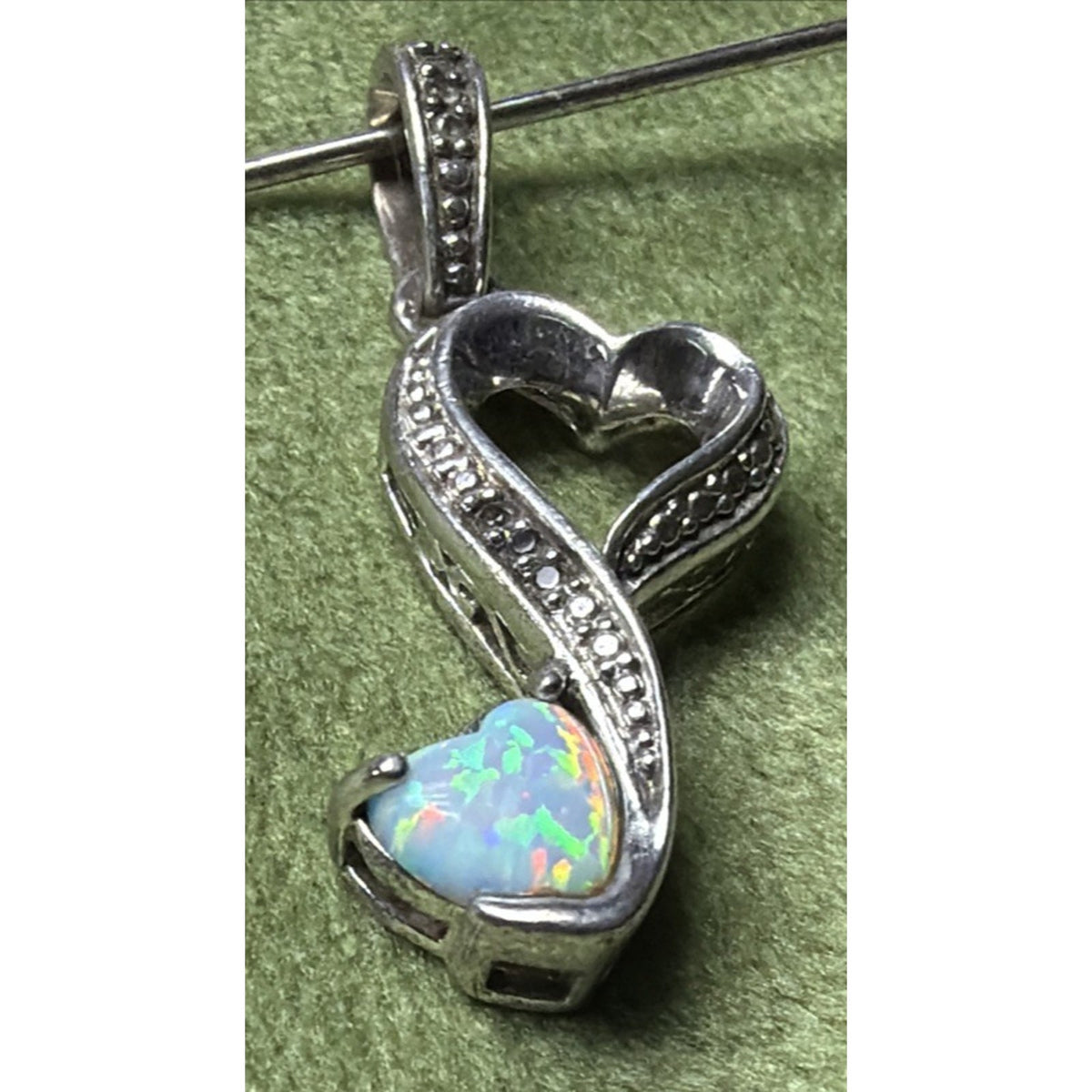 Vintage LA 925 Sterling Silver Double Heart Pendant Opal Diamond Chip