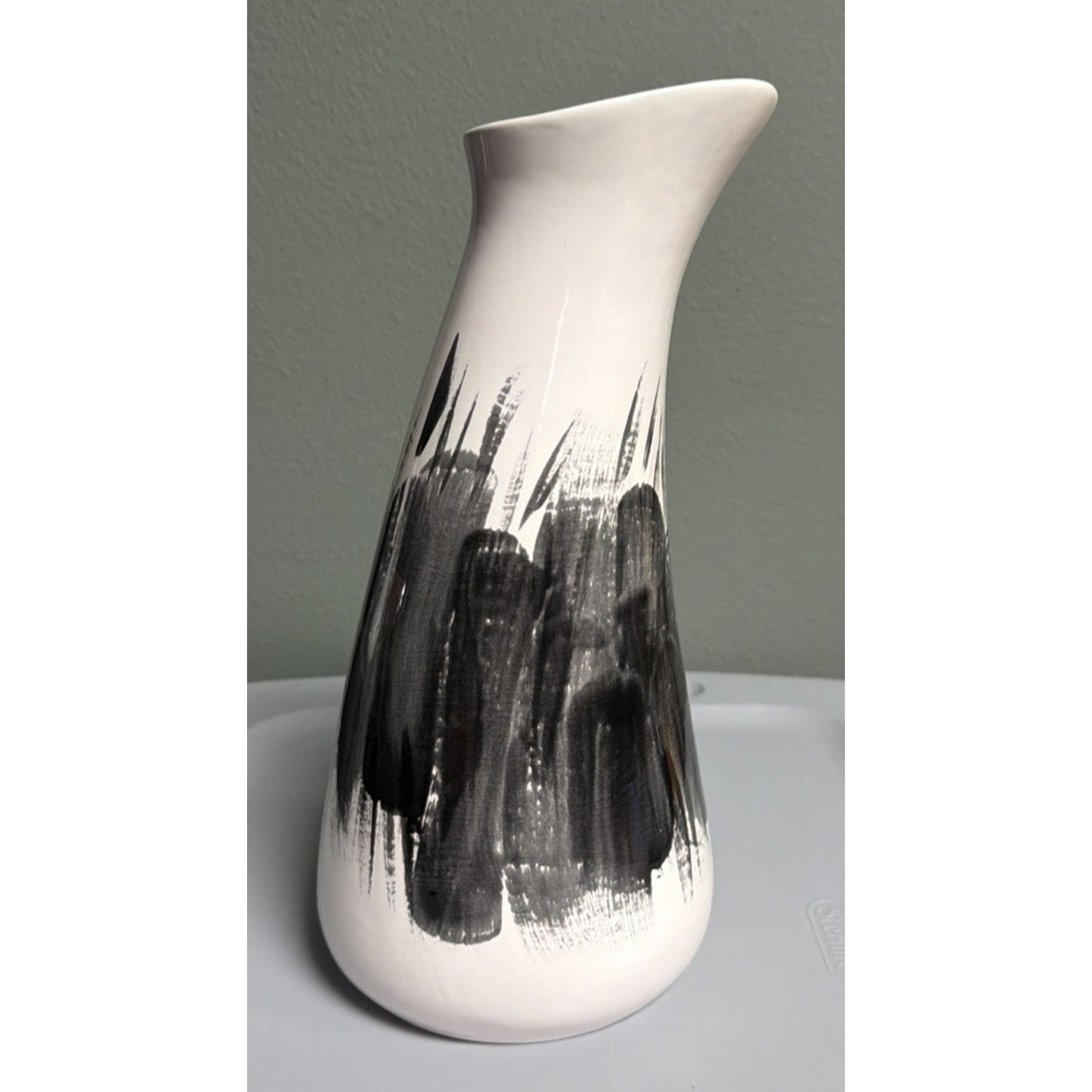 MCM Abstract Art Pottery Vase Black White Brushed Glazed Asymmetrical Signed