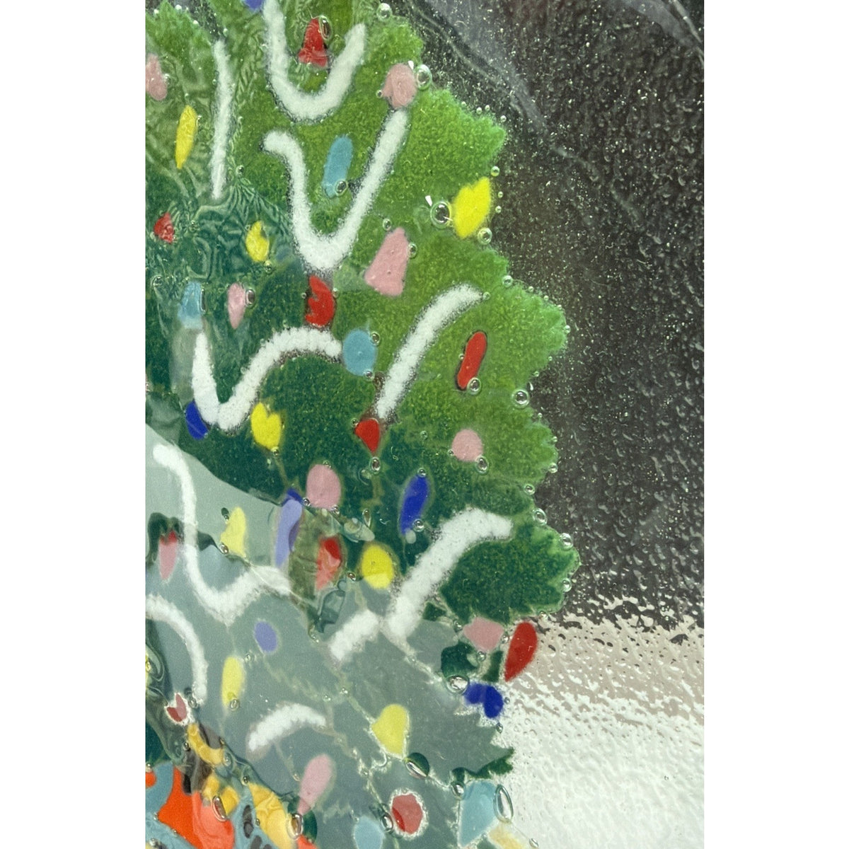 Vintage Peggy Karr Fused Glass Christmas Tree Toy Train Platter Teddy Bear