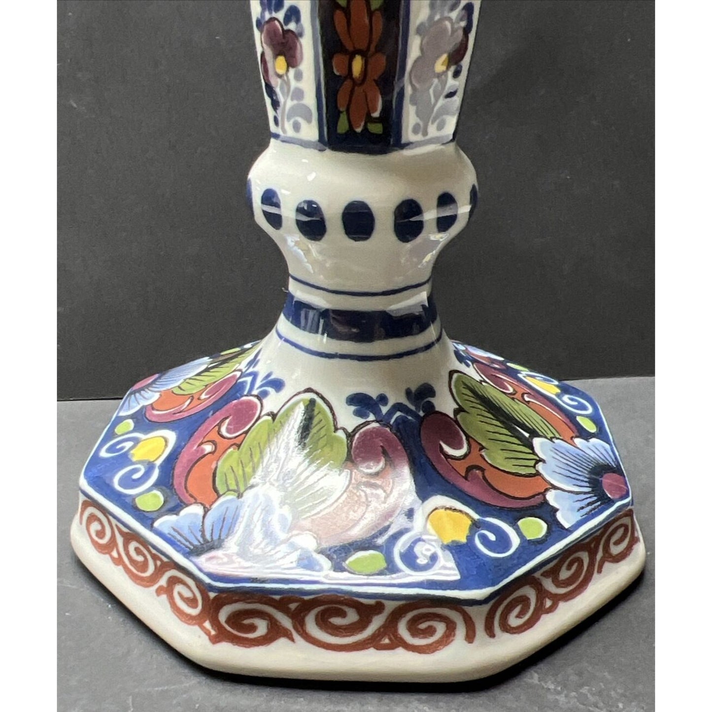 Vtg Oud Delft Holland 834/1 Candle Stick Holder Polychrome Floral Hand Painted