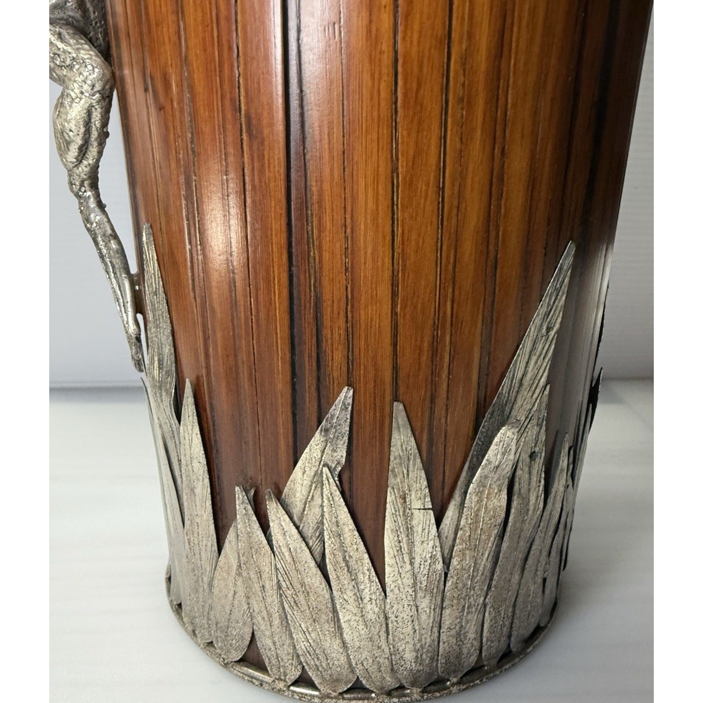 Old Japanese Bamboo Wood Vase Silvered Frog Grass Enameled Butterfly Large Read