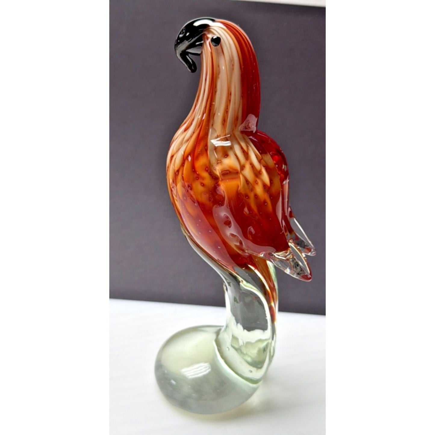 Vintage Blown Art Glass Parrot Sculpture Sommerso Bullicante Red White Bubbles