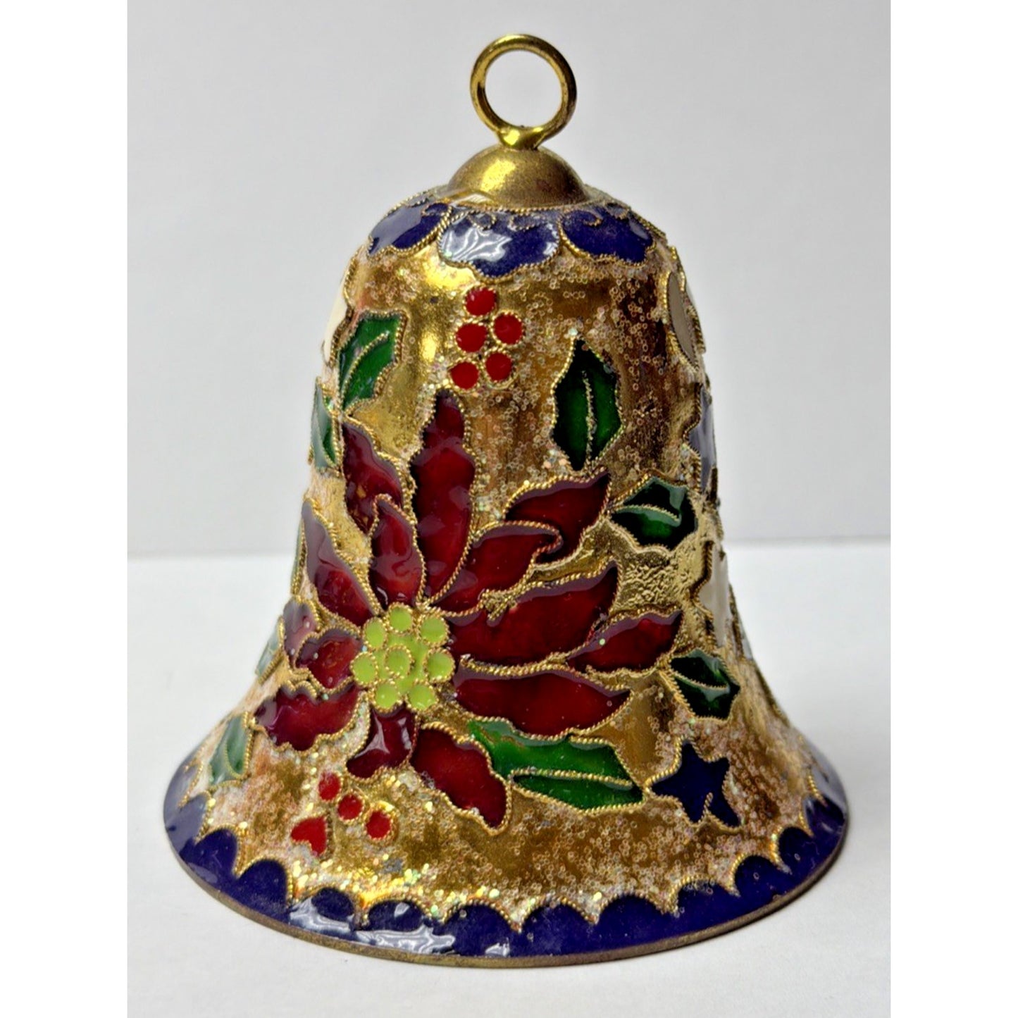Vintage Enamel Cloisonné Bell Christmas Ornament Holly Berries Poinsettia