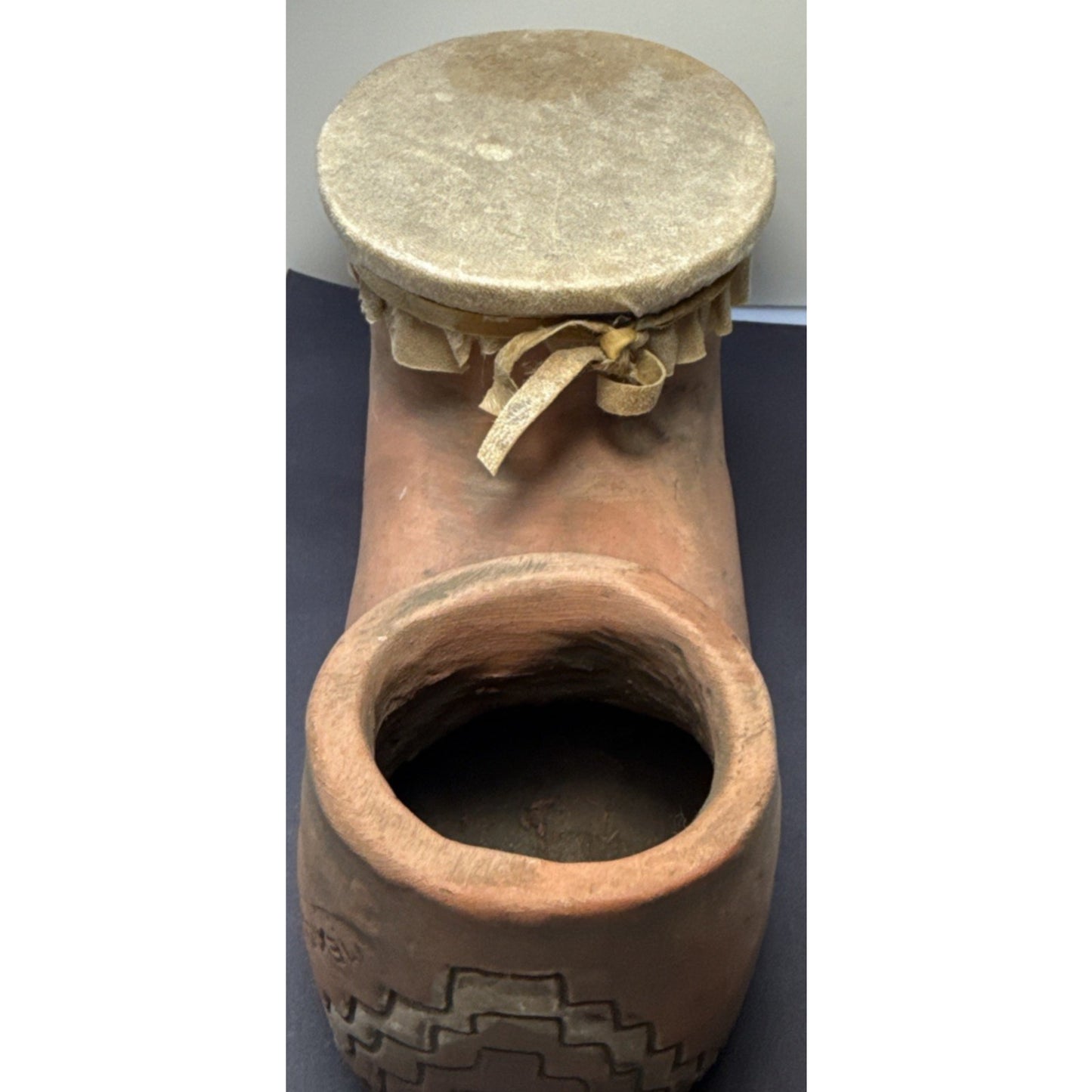 Vintage Mayan Aztec Folk Art Terracotta Clay Water Drum Figural Hide