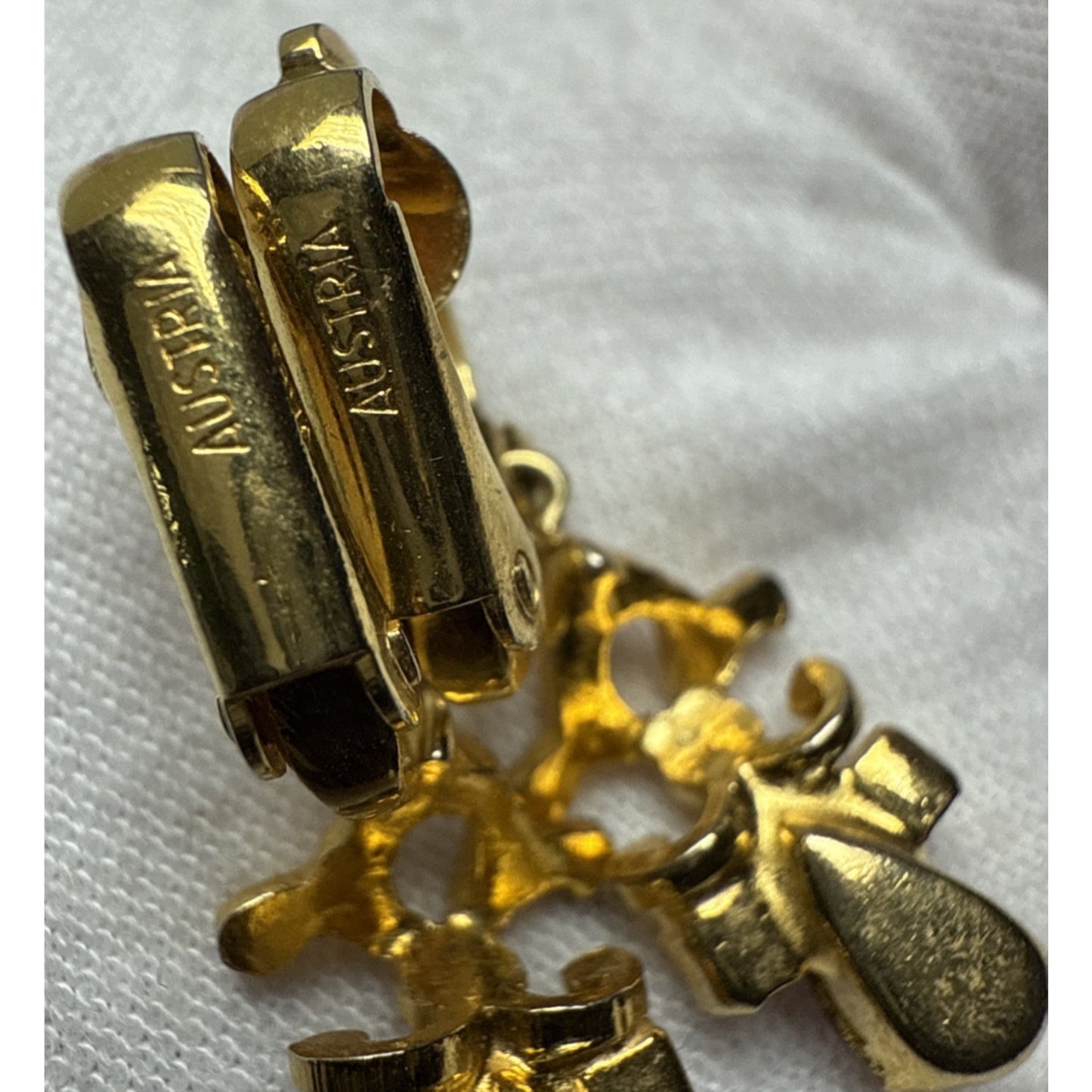 Vintage Austria Clip On Earrings Dangle Rhinestone Clear Brown Angel