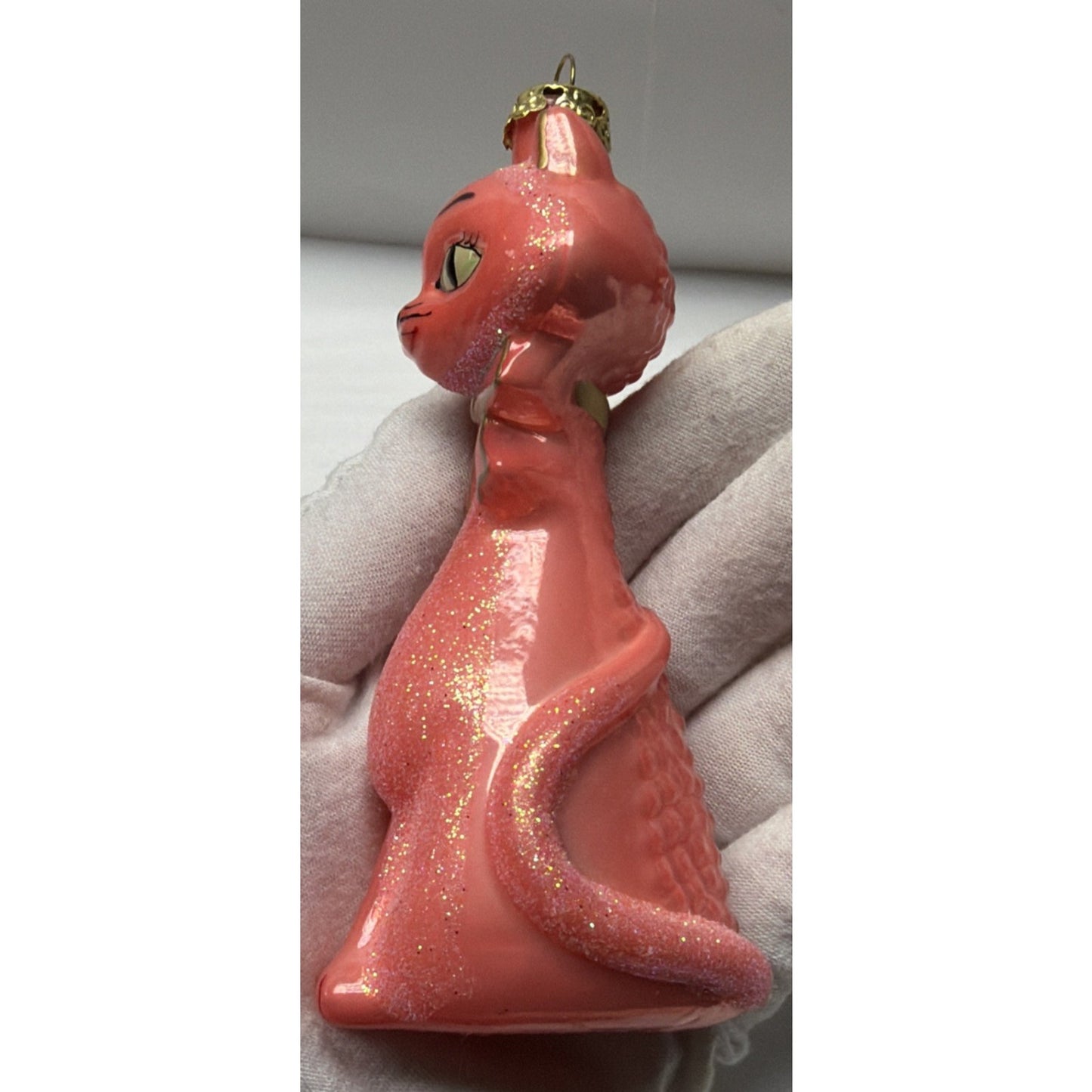 MCM Cody Foster Kitschy Kitten Glass Cat Ornament Coral Glitter