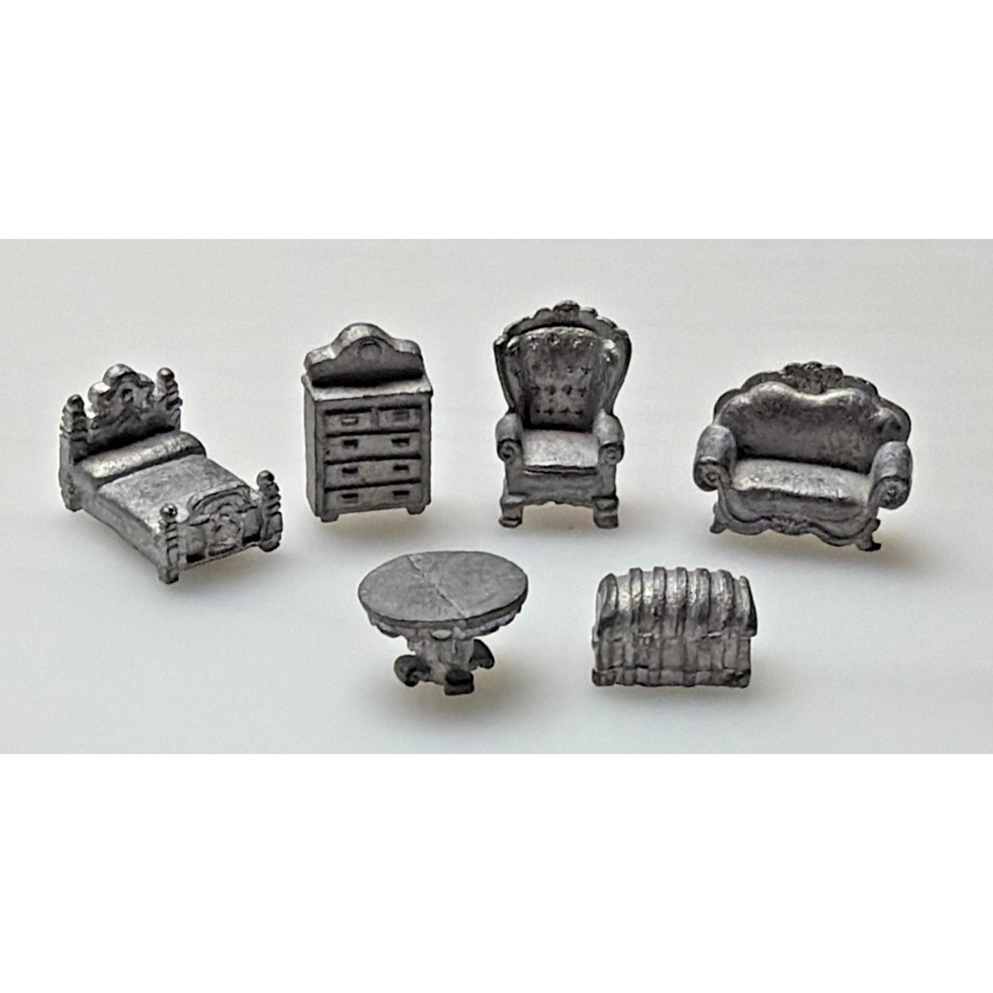 Lot of 6 Pewter Miniature Dollhouse Furniture Bed Couch Table Dresser Chest
