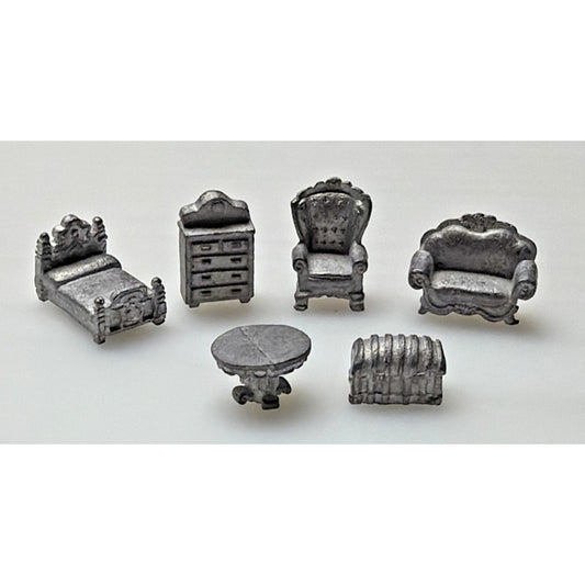 Lot of 6 Pewter Miniature Dollhouse Furniture Bed Couch Table Dresser Chest