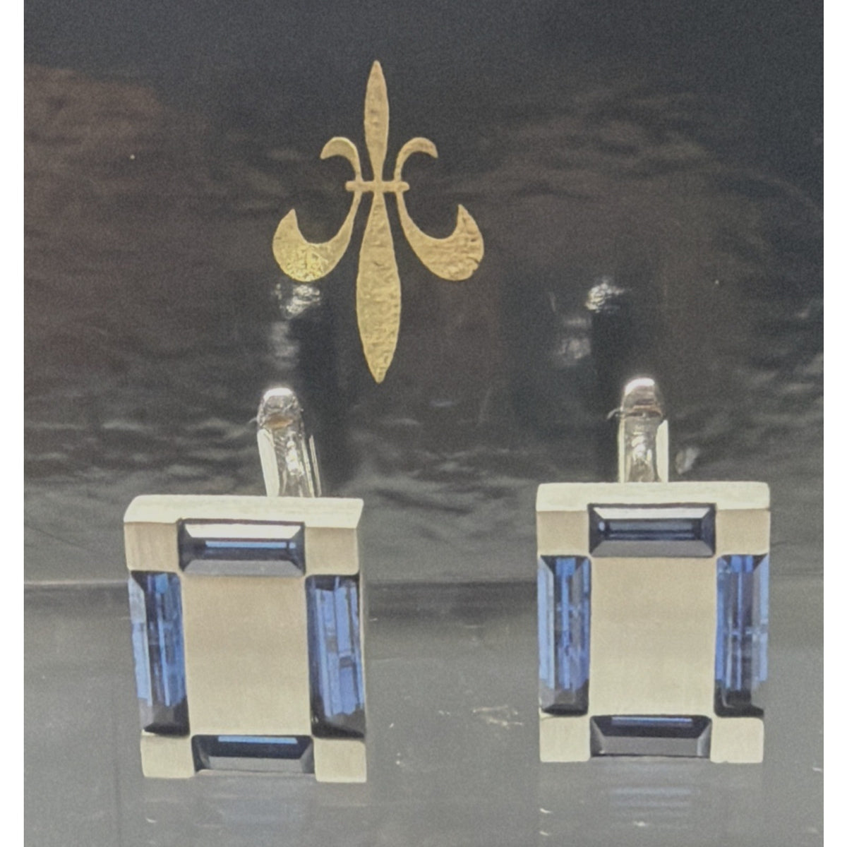 Vintage Hickok Blue Baguette Glass Cufflinks Silver Tone Geometric Modernist Box