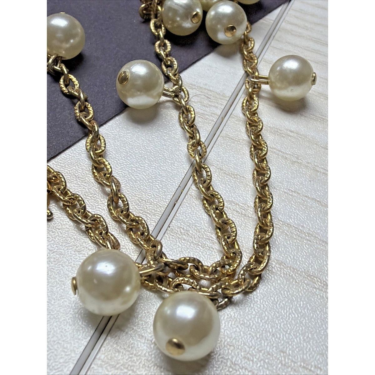 Vintage Tammey Jewels Faux Pearl Drop Necklace Gold Tone Metal Signed Oval Link