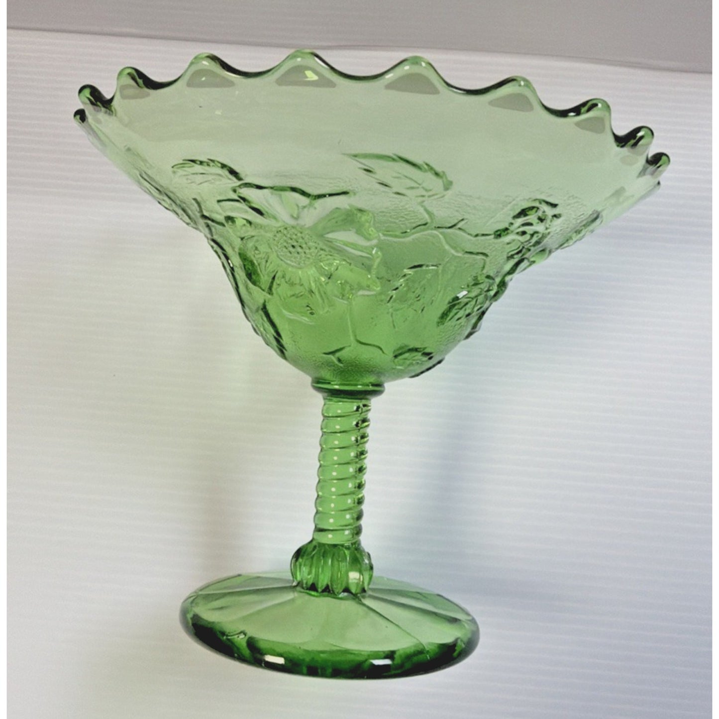Old Northwood Glass Wild Flower Green Footed Compote Candy Dish