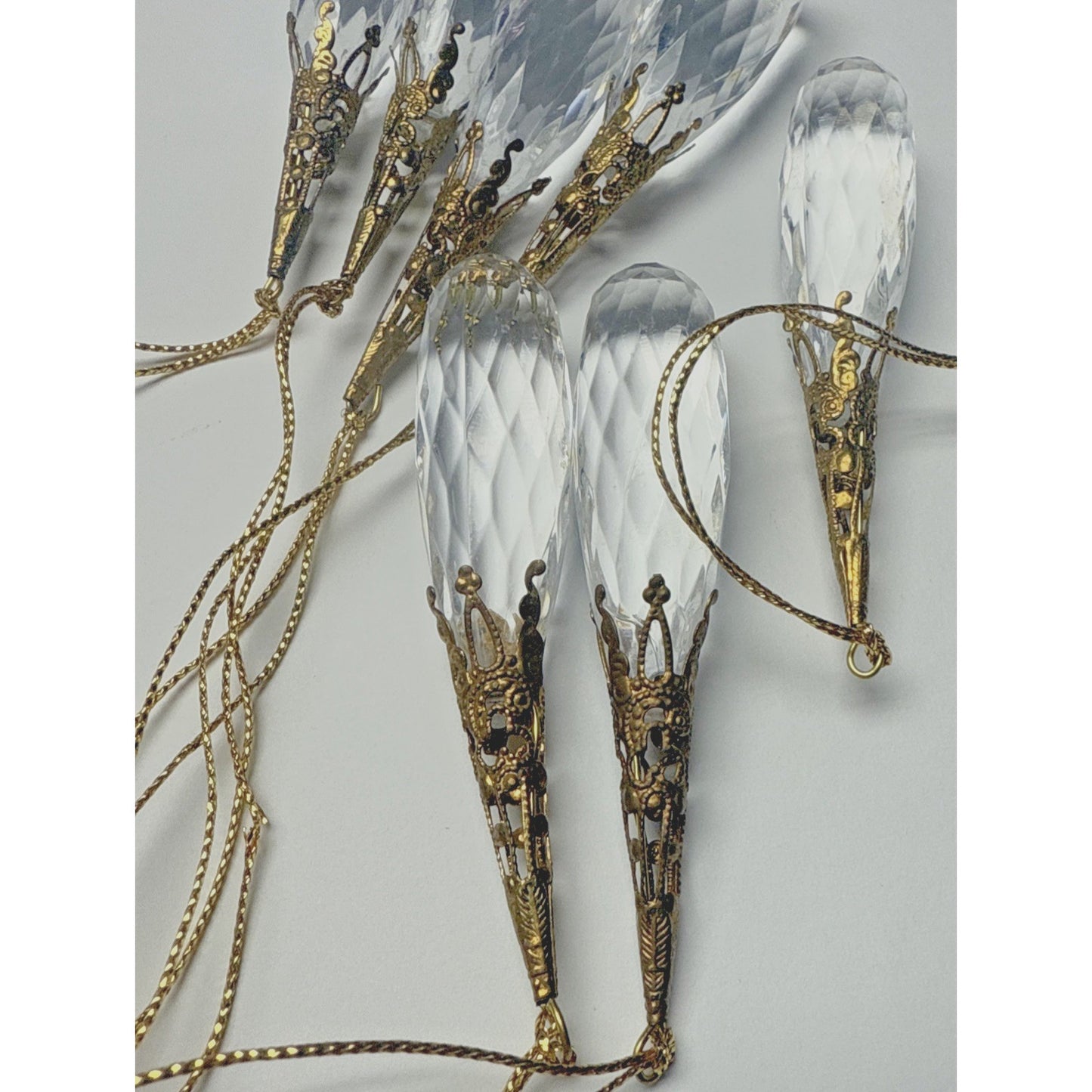 Vtg Lot of 7 Teardrop Faceted Acrylic Gold Embellished Hanging Ornaments As Is