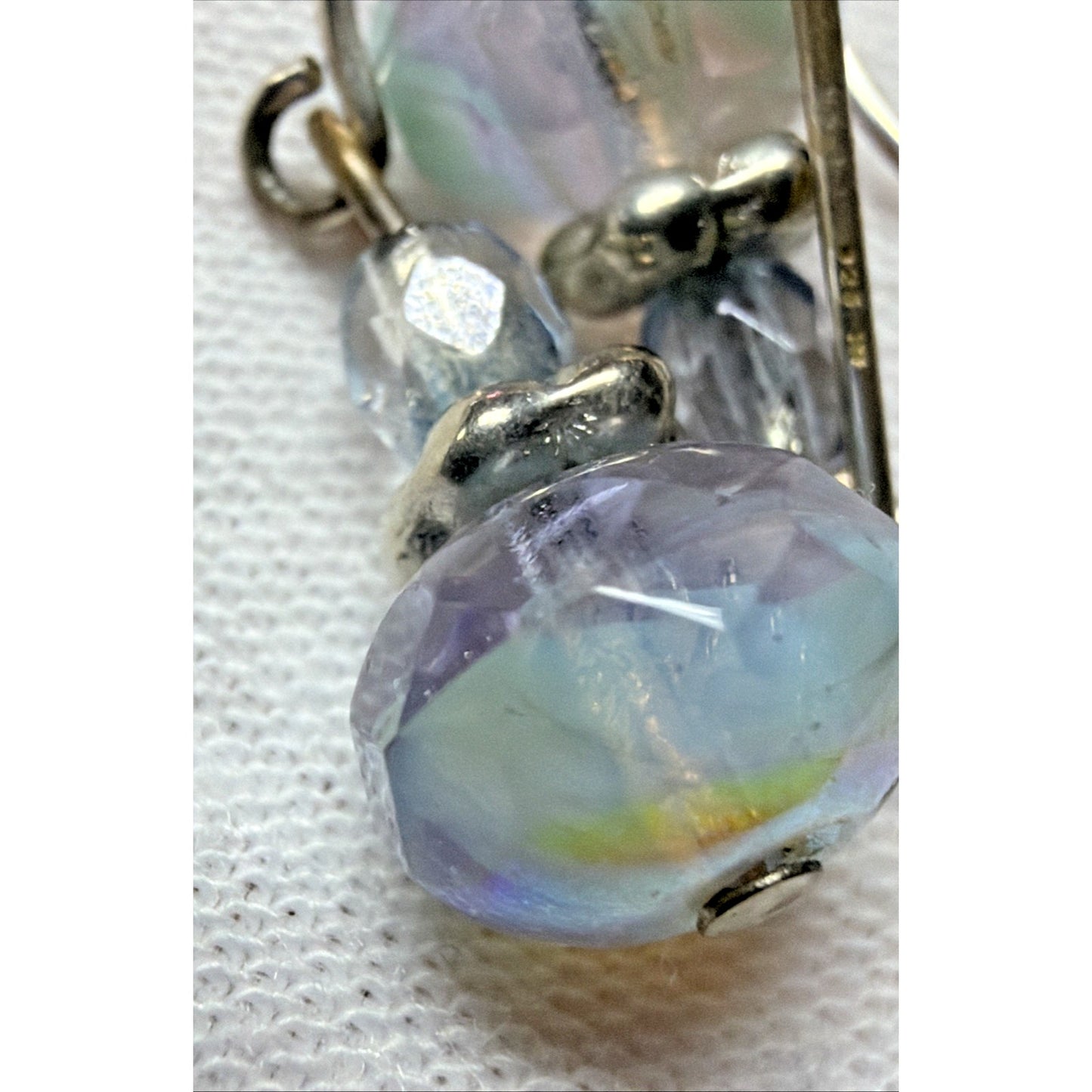 Vintage Sterling Silver Faceted AB Crystal Glass Uranium Dangle Earrings Mottled