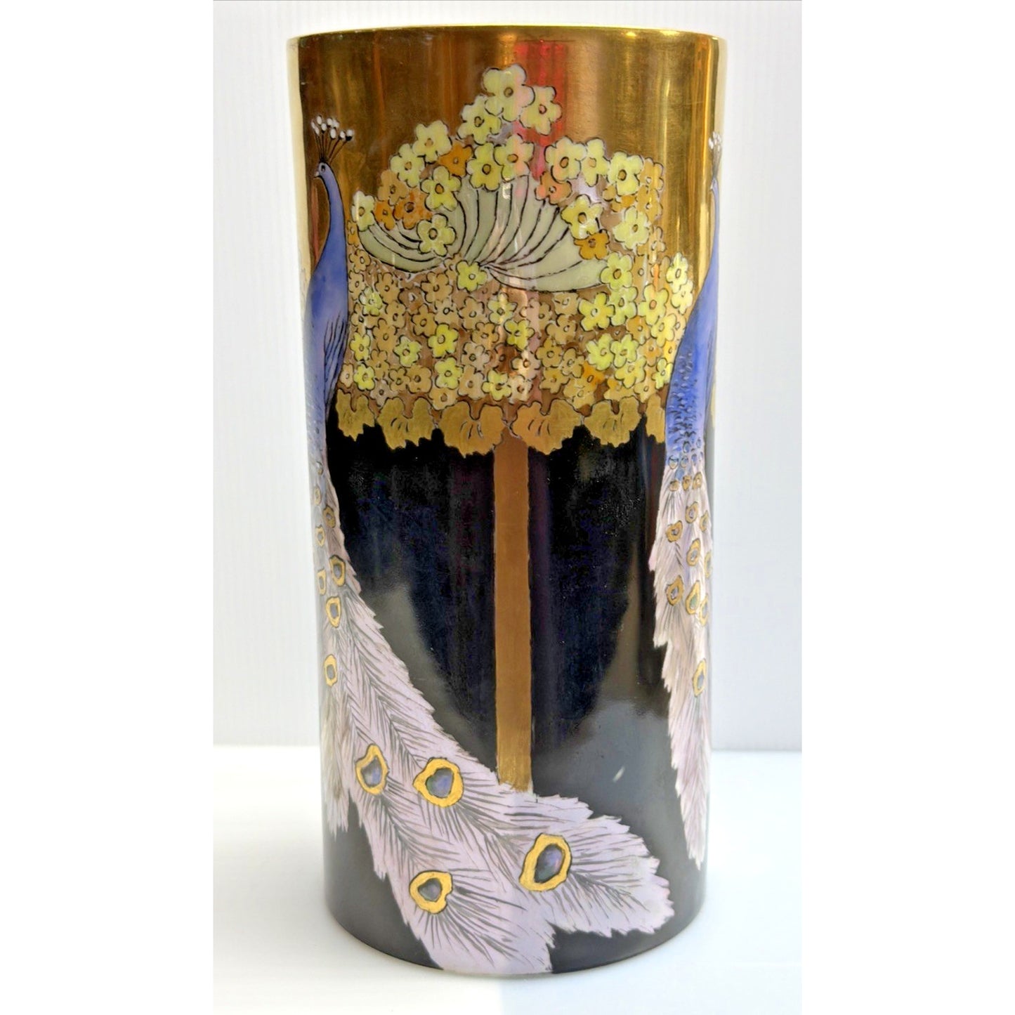 Antique Rosenthal Selb Bavaria Hand Painted Peacock Vase Black Gold As Is