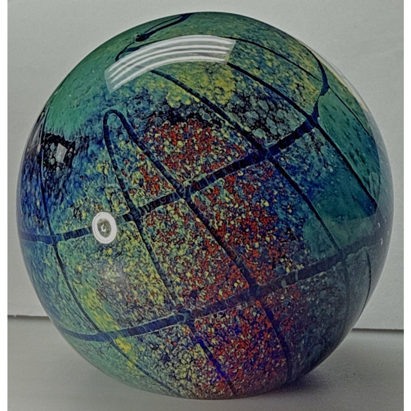 Vtg Art Glass Globe Paperweight Blue Green Confetti Hemisphere Mottled Bubbles