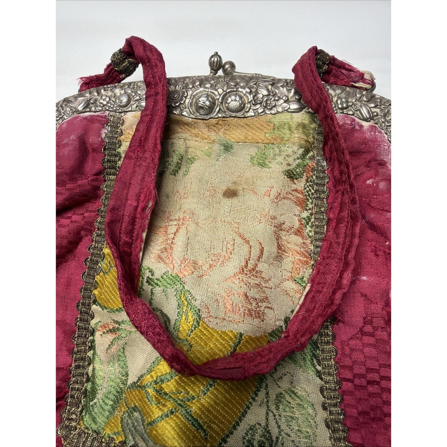 Antique Repousse Metal Frame Tapestry Needlepoint Evening Bag Silk Lined As Is