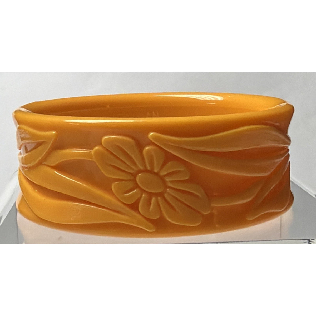 Vintage Molded Deeply Carved Plastic Floral Bangle Bracelet Taiwan Orange