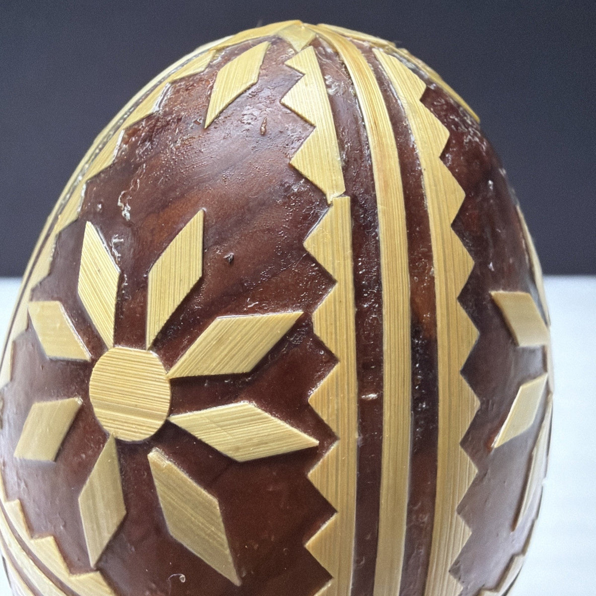Pysanka Wooden Easter Egg Ukrainian Pysanky Carved Straw Starburst Trypillian