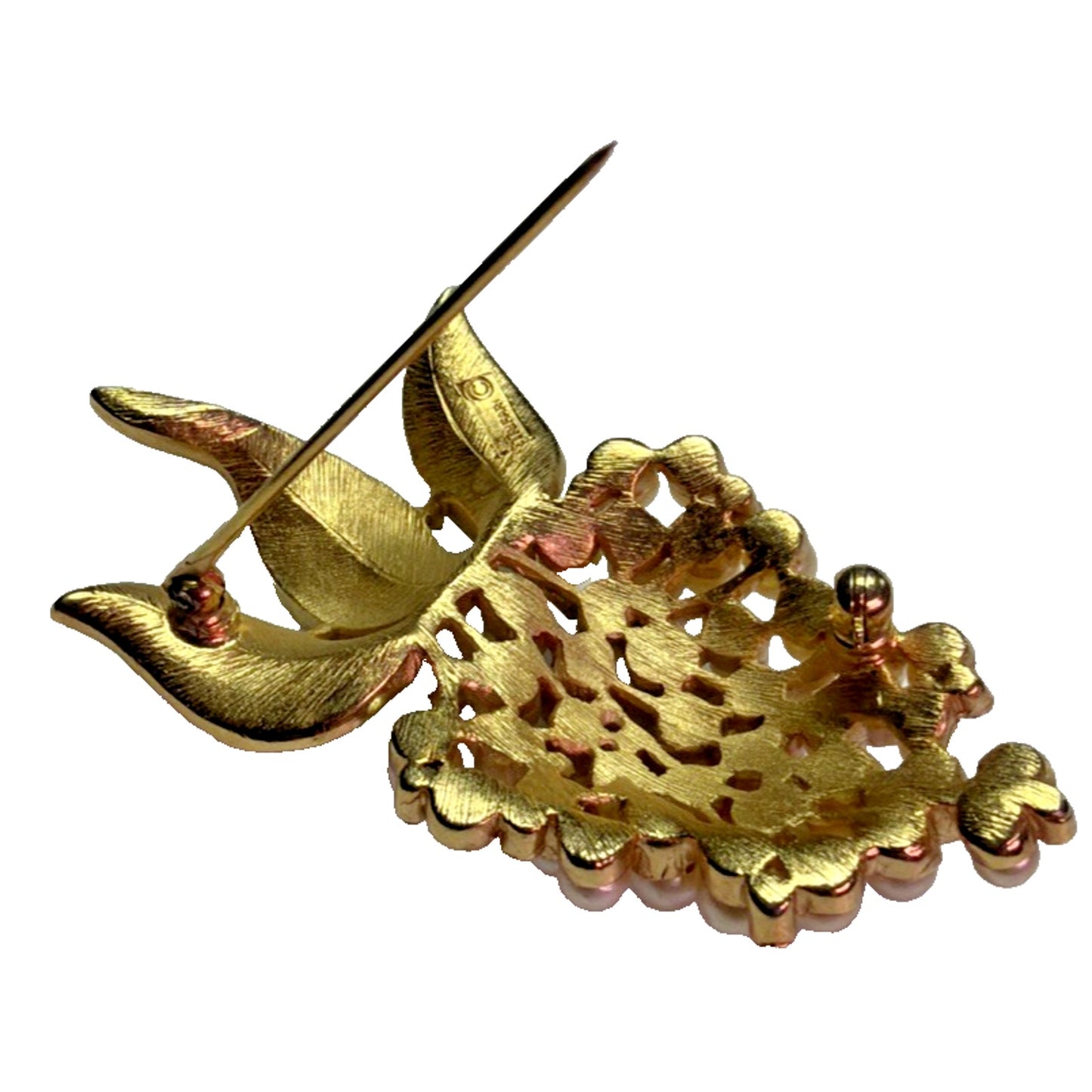 Vintage Crown Trifari Faux Pearl Rhinestone Grape Cluster Brooch Pin Gold Tone