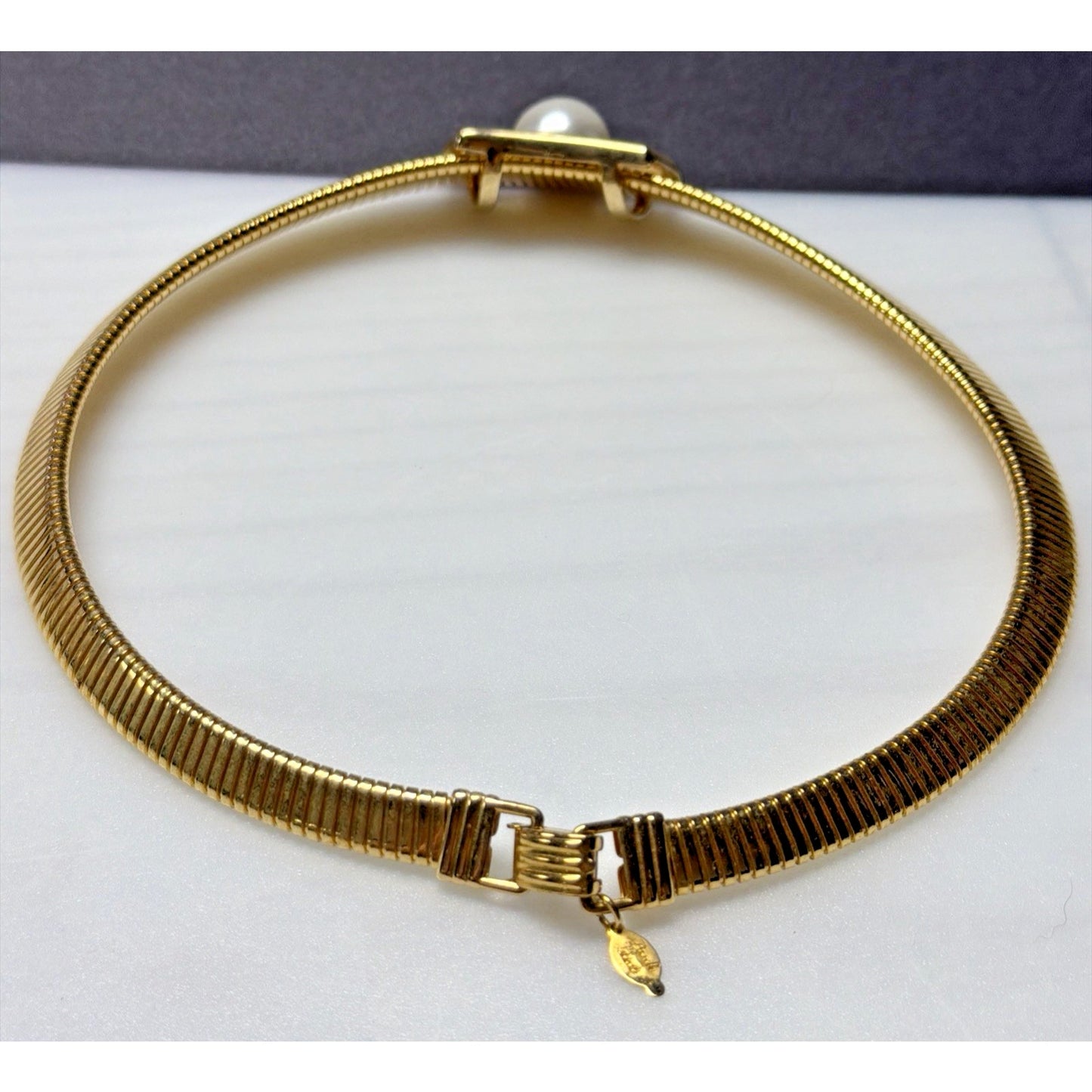 Vtg Park Lane Deco Inspired Collar Necklace Faux Pearl Slider Gold Tone Omega