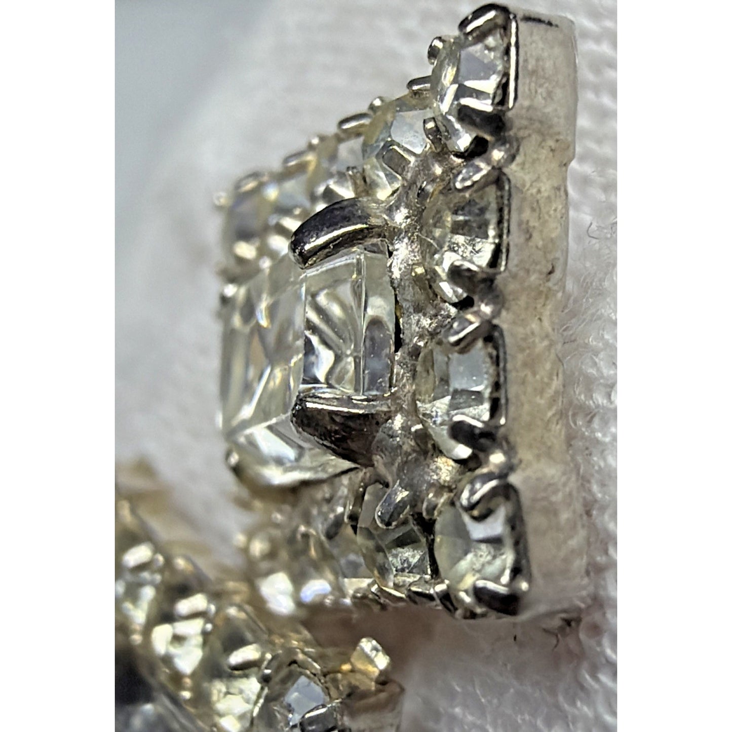 Vintage Emerald Cut Baguette Rhinestone Halo Cluster Pierced Earrings Prong Stud