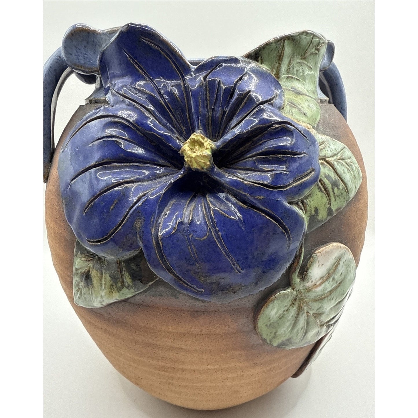 Old Patagonia Pottery Kissinger Double Handle Vase Blue Hibiscus Leaves Signed