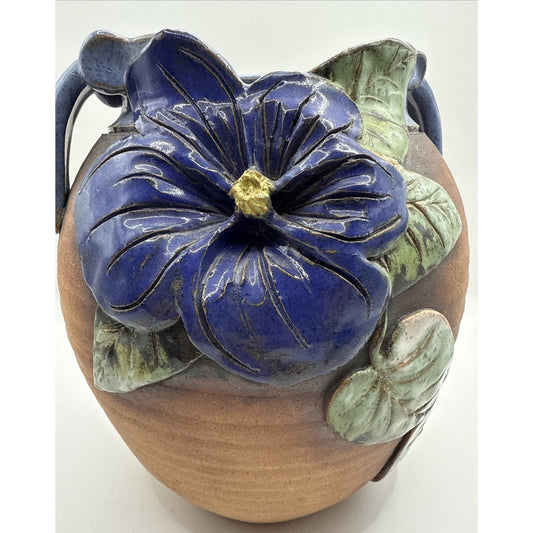 Old Patagonia Pottery Kissinger Double Handle Vase Blue Hibiscus Leaves Signed
