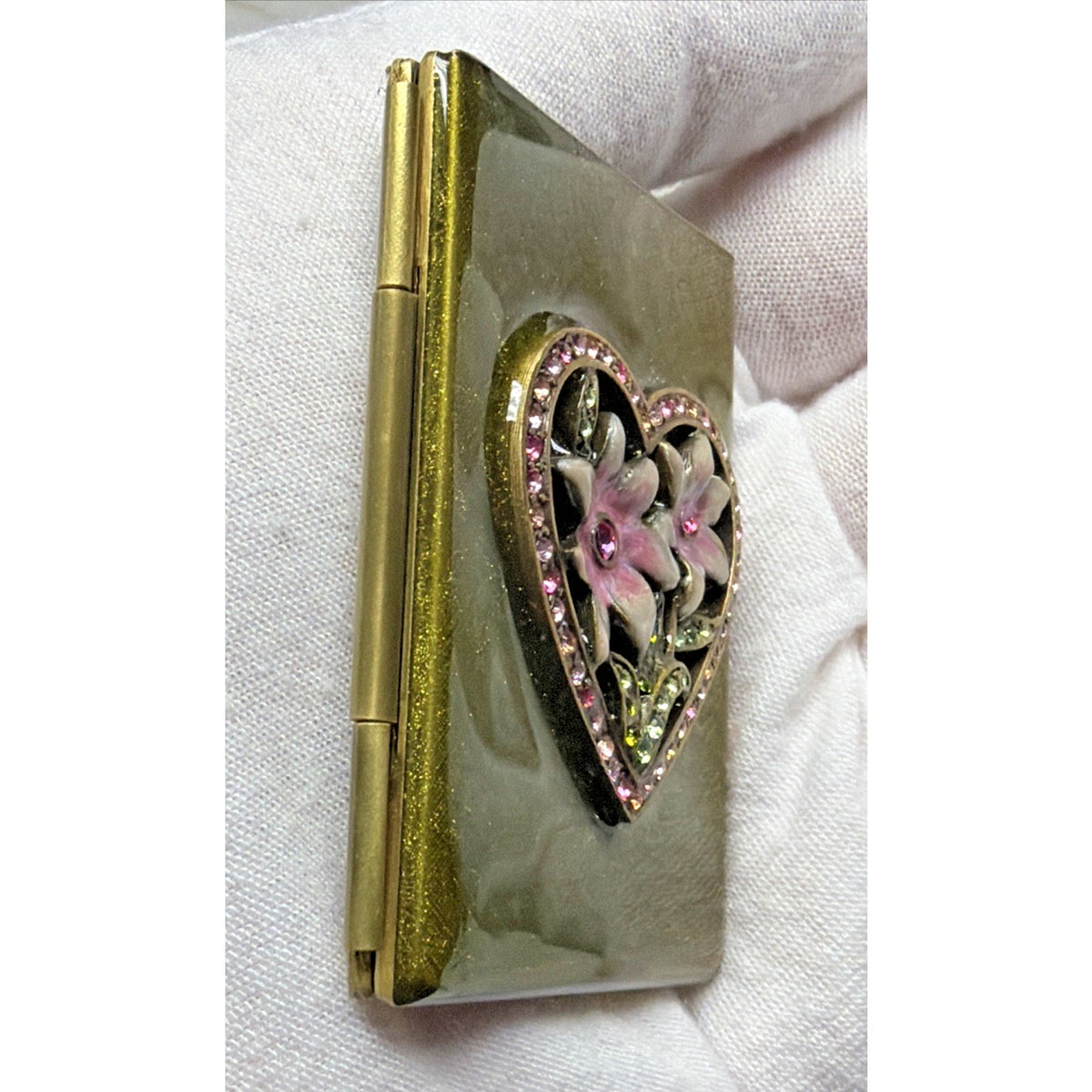 Jay Strongwater Folding Travel Double Picture Frame Heart Flowers Jeweled Green
