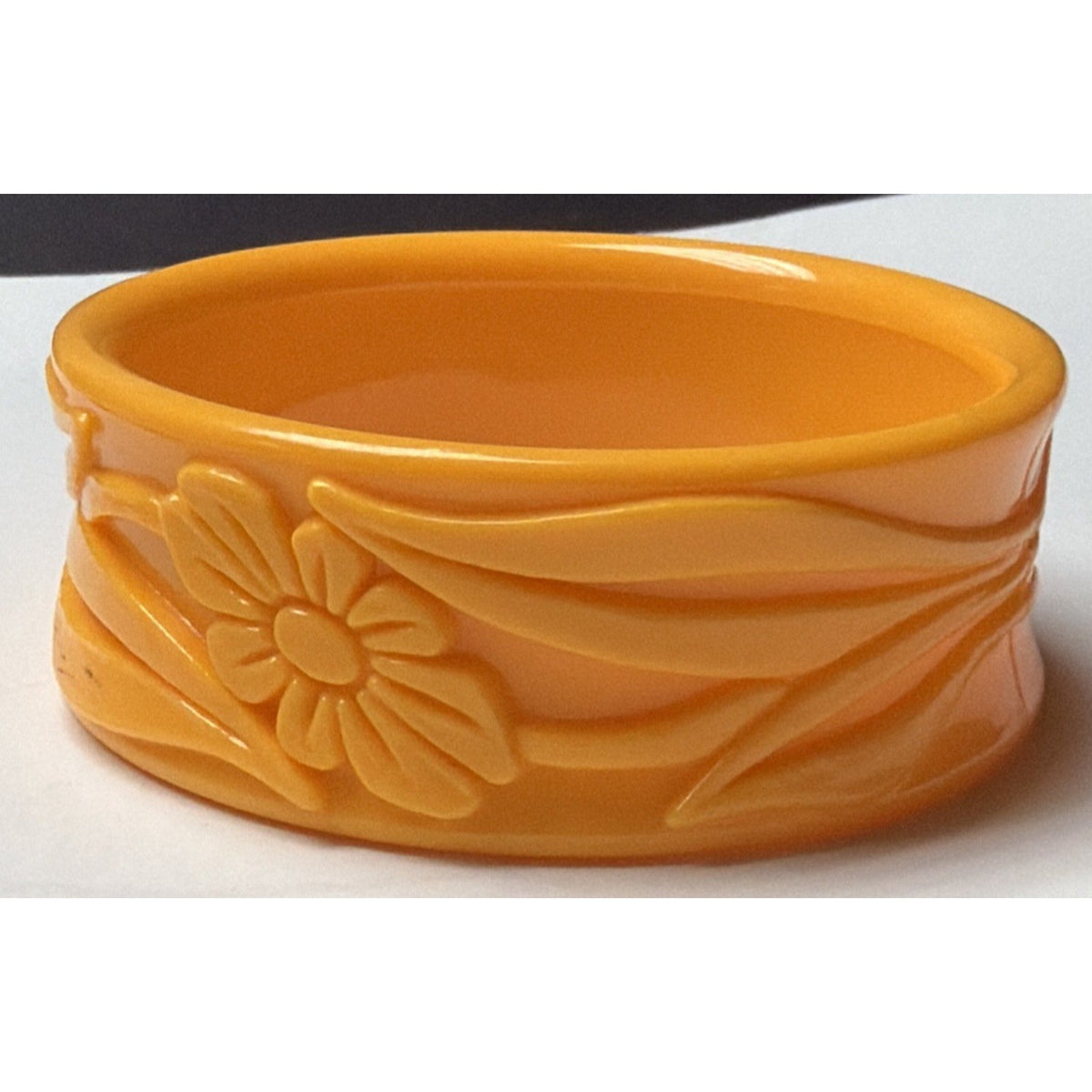 Vintage Molded Deeply Carved Plastic Floral Bangle Bracelet Taiwan Orange