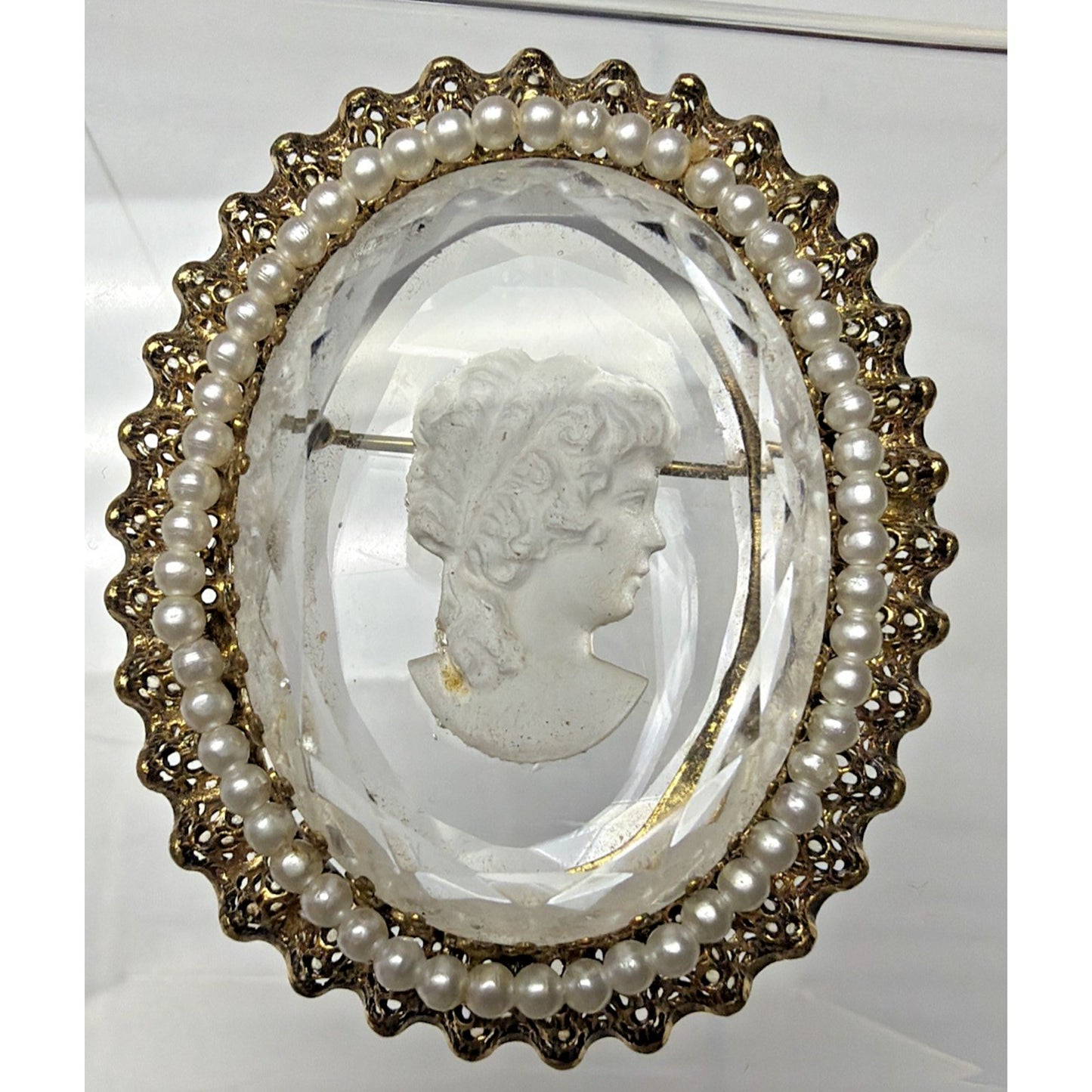 West Germany Intaglio Victorian Cameo Faceted Brooch Filigree Mini Faux Pearls