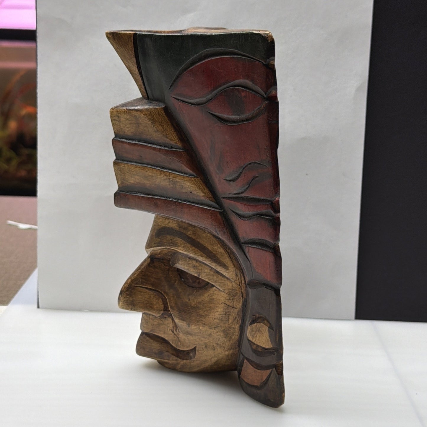 Vintage Mayan Aztec Carved Hand Painted Warrior Chief Mask Totem Tiki Wall Art