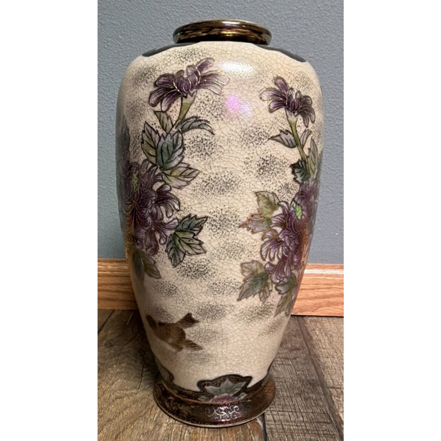 Old Hand Painted Japanese Satsuma Vase Crackle Gold Gilded Birds Floral Birdcage