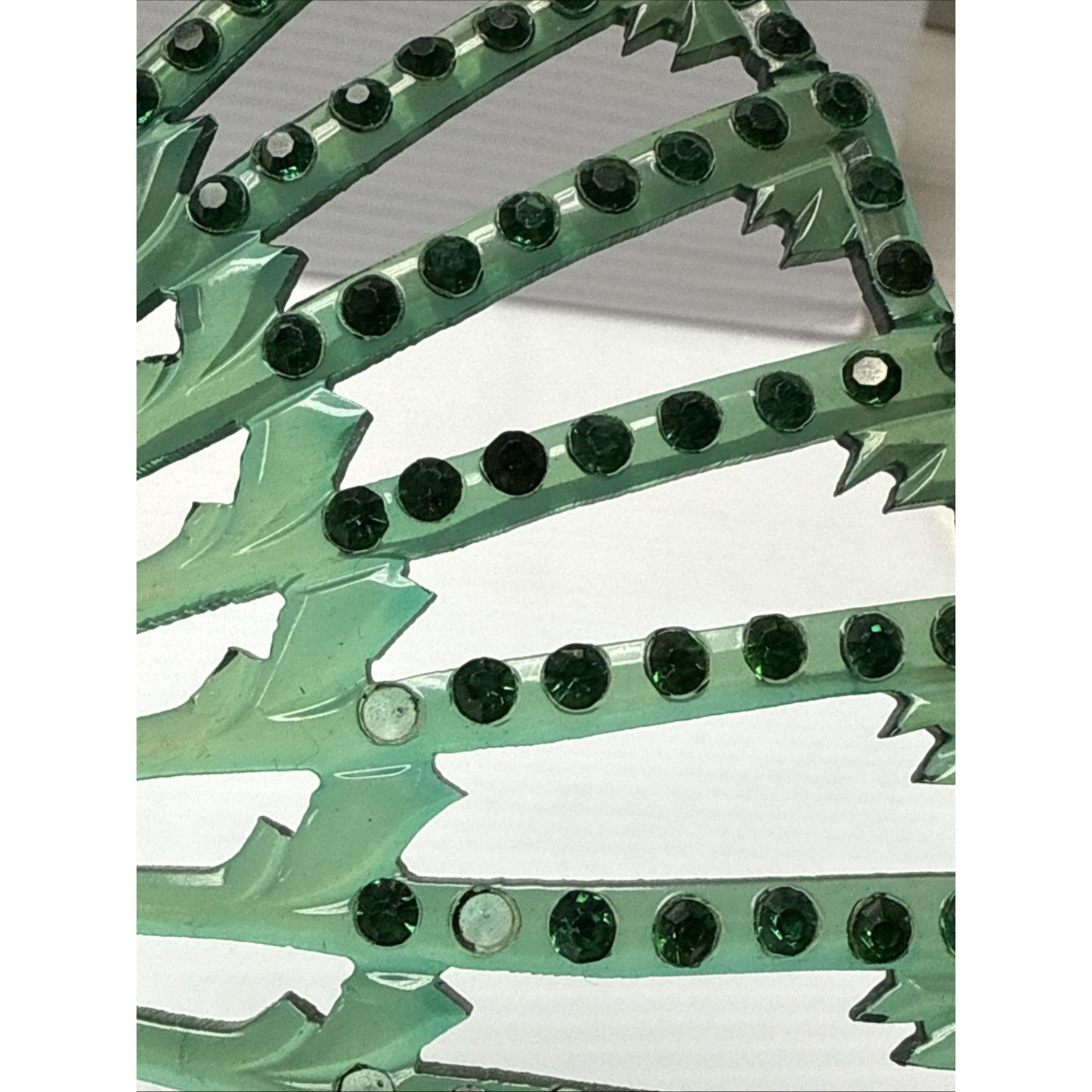 Art Deco Large Fan Shape Hair Comb Green Black Celluloid Rhinestone As-Is