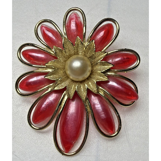 Vintage Large Flower Blossom Brooch Resin Plastic Leaves Gold Frame Faux Pearl