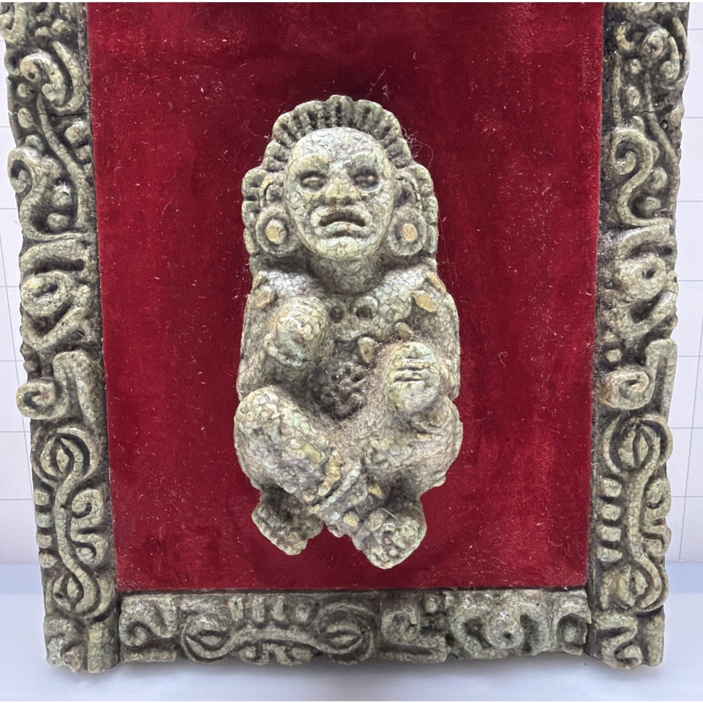 Vintage Aztec Mayan God Crushed Malachite Art Wall Hanging Plaque Wood Velvet
