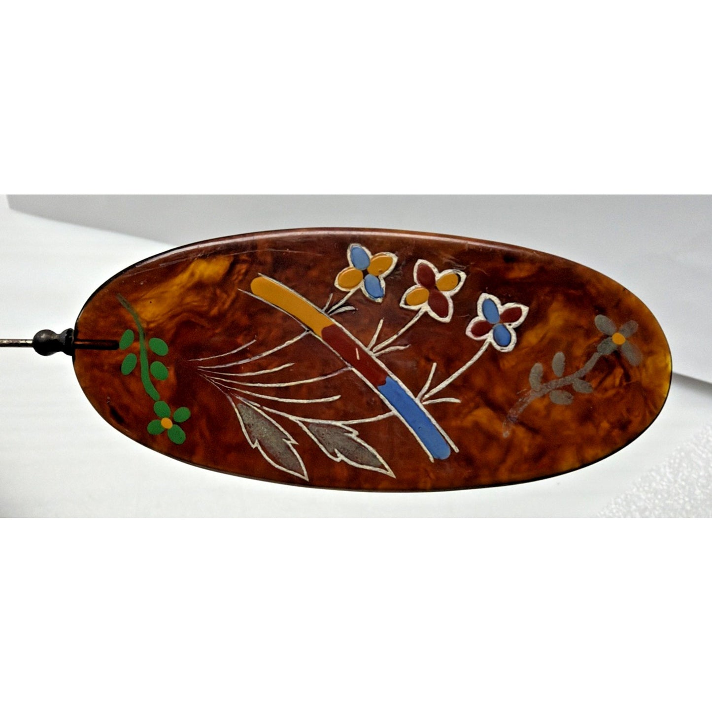 Art Deco Tortoise Shell Hair Pin Stick Pin Faux Hand Painted Enameled As Is