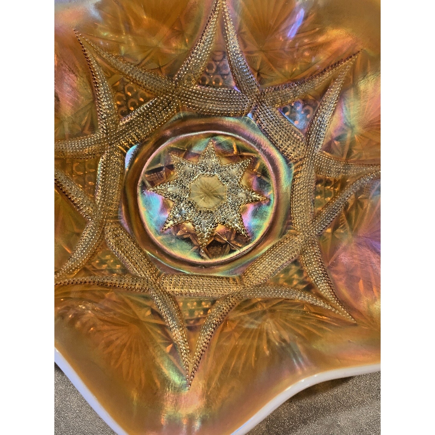 EAGP Dugan Glass Marigold Carnival Peach Opalescent Ski Star Master Bowl As-Is