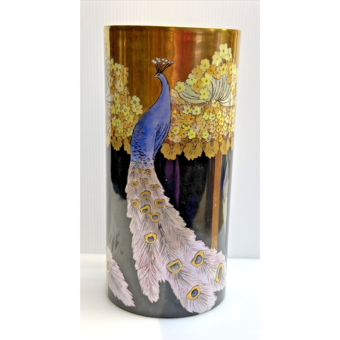 Antique Rosenthal Selb Bavaria Hand Painted Peacock Vase Black Gold As Is