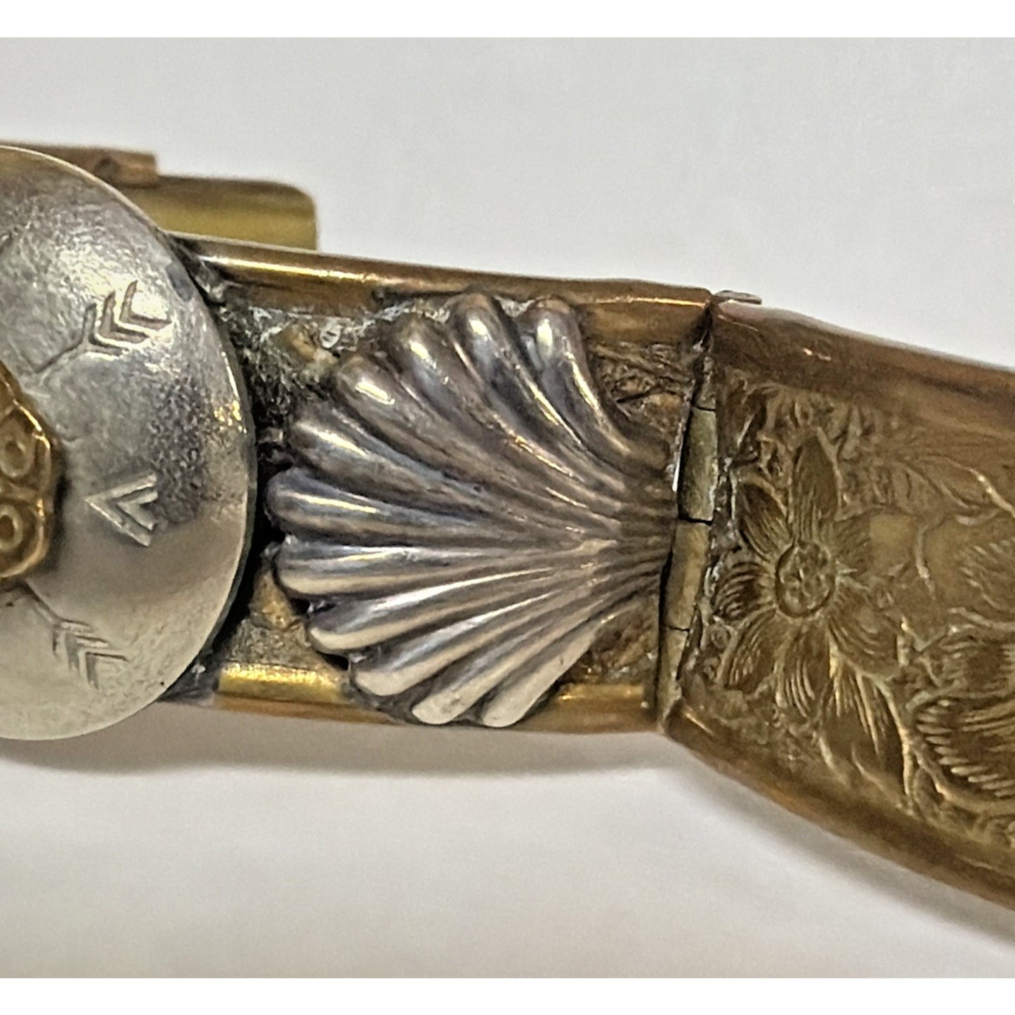 Victorian Brass Hinged Embossed Cuff Bracelet Mixed Metal Concho Western As Is