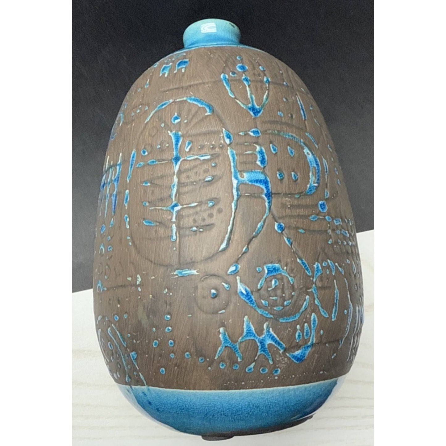 Contemporary Ashluxe Handmade Ceramic Table Vase Script Blue Brown Crackle As Is