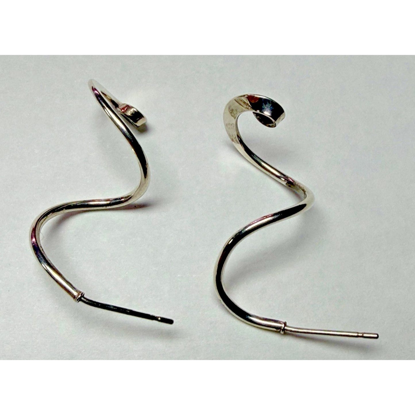 Modernist Sterling Silver Spiral Ribbon Earrings Dangle Snake Coil Stud Post